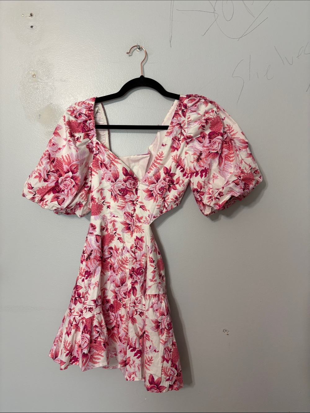 Hello Molly Pink Floral Cutout Mini Dress Puff Sleeve Cottagecore USA 4 - Picture 3 of 5
